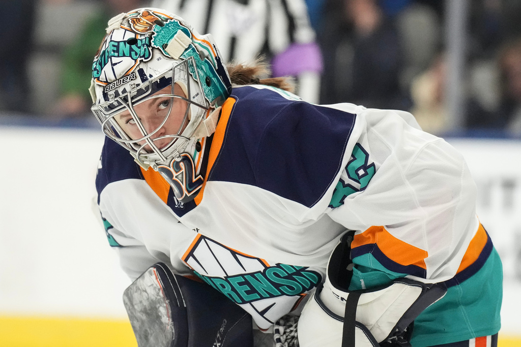 New York Sirens goaltender Kayle Osborne (82) is seen during PWHL hockey action against the Toronto Sceptres in Toronto, Tuesday, Jan. 6, 2026. (Chris Young/The Canadian Press via AP)