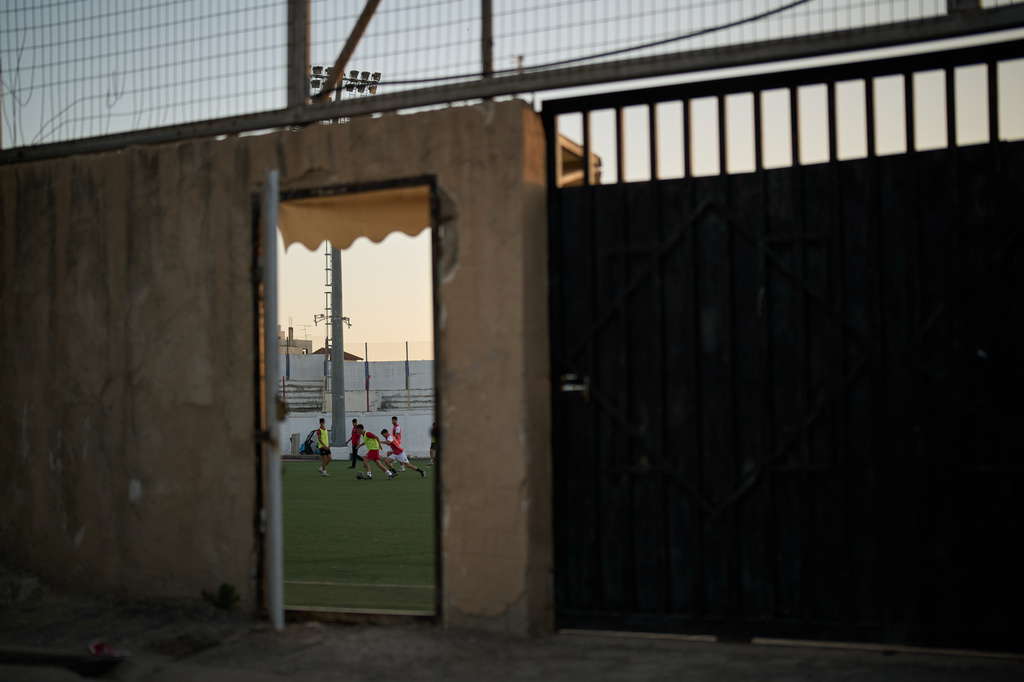 Palestinian youths from a local academy take part in a training session at Jamal Ghanem stadium in West Bank city of Tulkarem, Thursday, June 4, 2026. (AP Photo/Leo Correa)