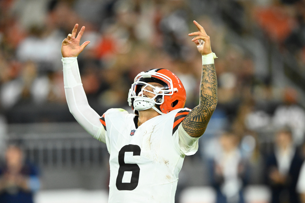 Cleveland Browns quarterback Dillion Gabriel celebrates after throwing a touchdown pass against the New England Patriots during the first half of a preseason NFL football game Thursday, Aug. 27, 2026, in Cleveland. (AP Photo/David Richard)