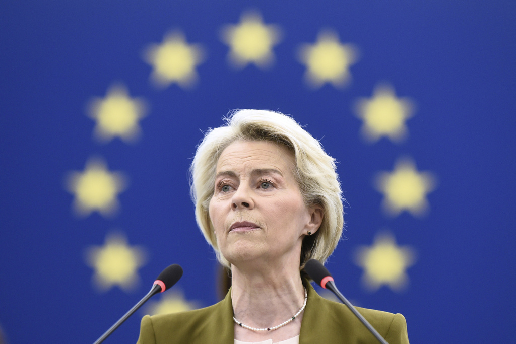 European Commission President Ursula von der Leyen delivers a major state of the union speech at the European Parliament in Strasbourg, eastern France, Wednesday, Sept. 10, 2025. (AP Photo/Pascal Bastien)