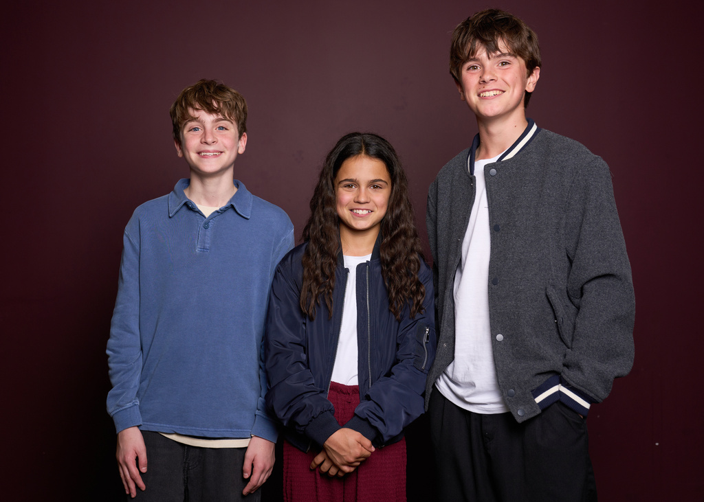 Max Lester, from left, Arabella Stanton and Frankie Treadaway pose for a portrait to promote the Audible "Harry Potter" series in London on July 20, 2025. (Photo by Scott A Garfitt/Invision/AP)