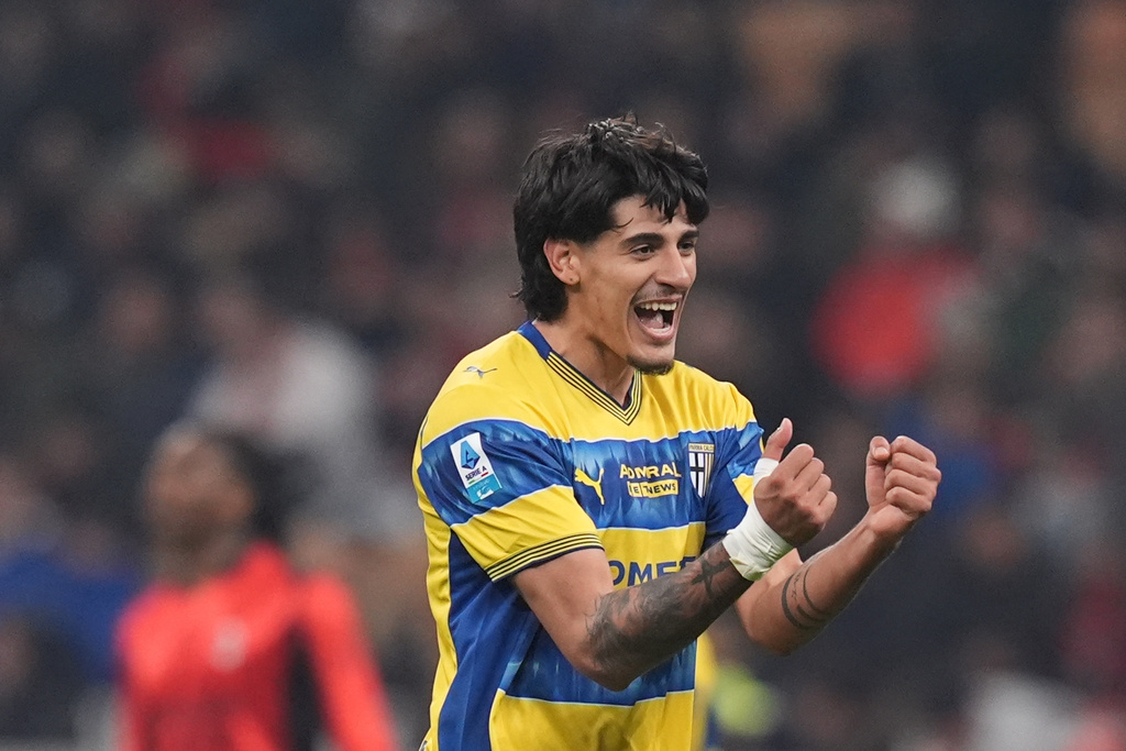 Parma's Mariano Troilo celebrates scoring during the Italian Serie A soccer match between AC Milan and Parma in Milan, Italy, Sunday, Feb. 22 , 2025. (Spada/LaPresse via AP)