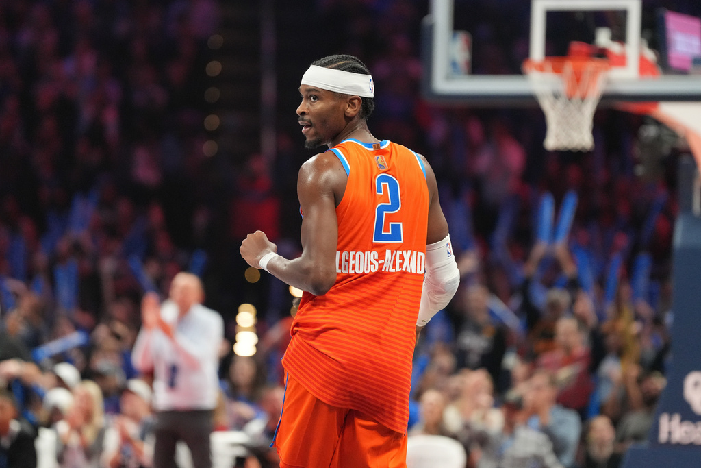 Oklahoma City Thunder guard Shai Gilgeous-Alexander celebrates a basket during the second half of an NBA Cup basketball game against the Phoenix Suns, Friday, Nov. 28, 2025, in Oklahoma City. (AP Photo/Kyle Phillips)