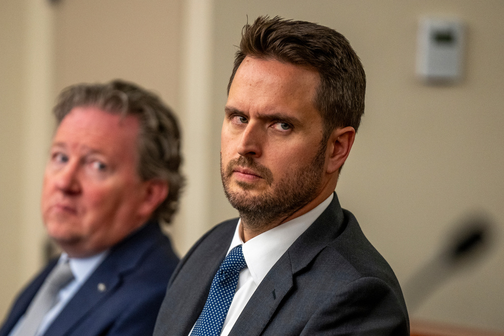 Attorneys Ryan Ficklin and Eric Swinyard listen as Daniela Diaz speaks during a hearing on a protective order sought by a former partner against Taylor Frankie Paul, in 3rd District Court in Salt Lake City, Tuesday, April 7, 2026. (Rick Egan/The Salt Lake Tribune via AP, Pool)