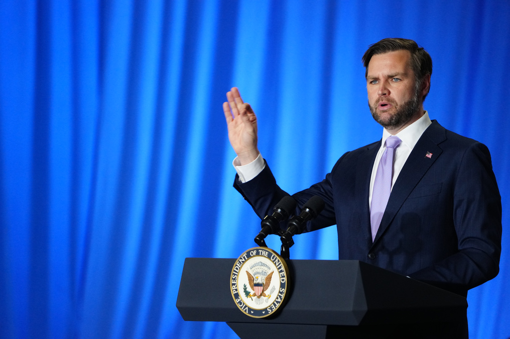 Vice President JD Vance delivers remarks concerning the Trump administration's efforts to combat fraud, in Bangor, Maine, Thursday, May 14, 2026. (Tierney L. Cross/The New York Times via AP, Pool)