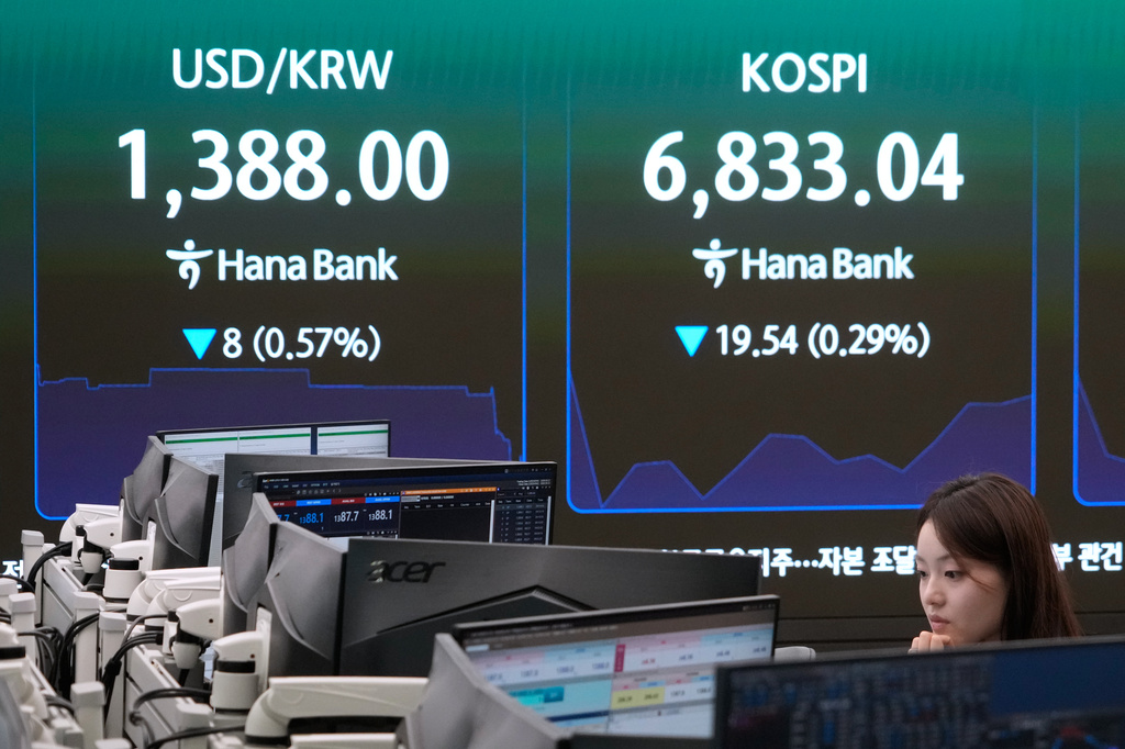 A currency trader watches monitors near a screen showing the Korea Composite Stock Price Index (KOSPI) and the foreign exchange rate between U.S. dollar and South Korean won at the foreign exchange dealing room of the Hana Bank headquarters in Seoul, South Korea, Friday, Aug. 21, 2026. (AP Photo/Ahn Young-joon)