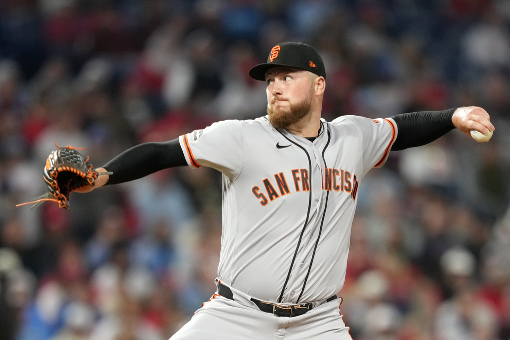 San Francisco Giants' Matt Gage pitches during the sixth inning of a baseball game against the Philadelphia Phillies Tuesday, April 28, 2026, in Philadelphia. (AP Photo/Matt Slocum)