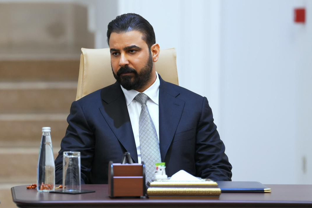 Iraqi Prime Minister-designate Ali al-Zaidi attends the meeting of the Coordination Framework political bloc in Baghdad, Iraq, Monday, April 27, 2026. (Iraqi Presidency Office via AP)