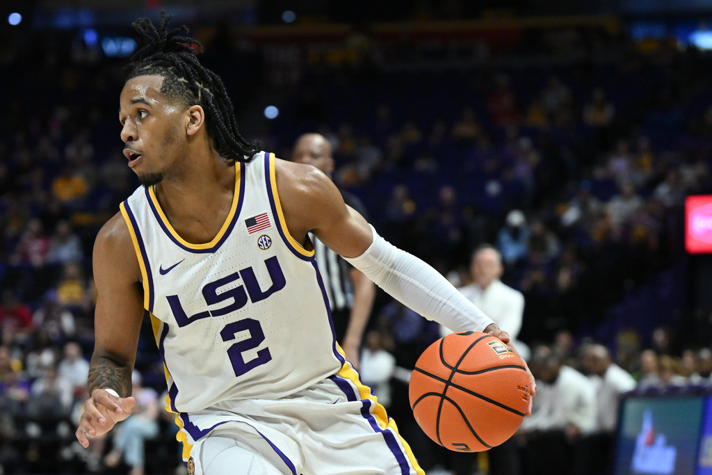 LSU guard Jalen Reece (2) looking to pass during the first half of an NCAA men's basketball game against Alabama in Baton Rouge, Saturday, Feb. 21, 2026. (AP Photo/Ella Hall)