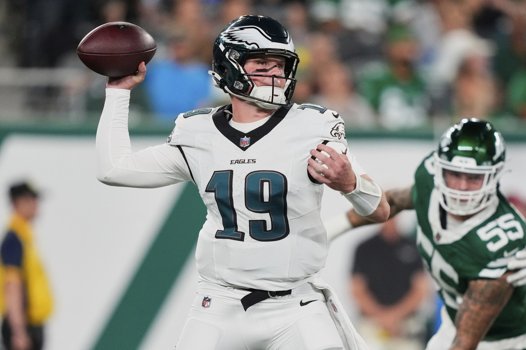 Philadelphia Eagles quarterback Kyle McCord (19) passes in the first half of a preseason NFL football game against the New York Jets in East Rutherford, N.J., Friday, Aug. 22, 2025. (AP Photo/Yuki Iwamura)