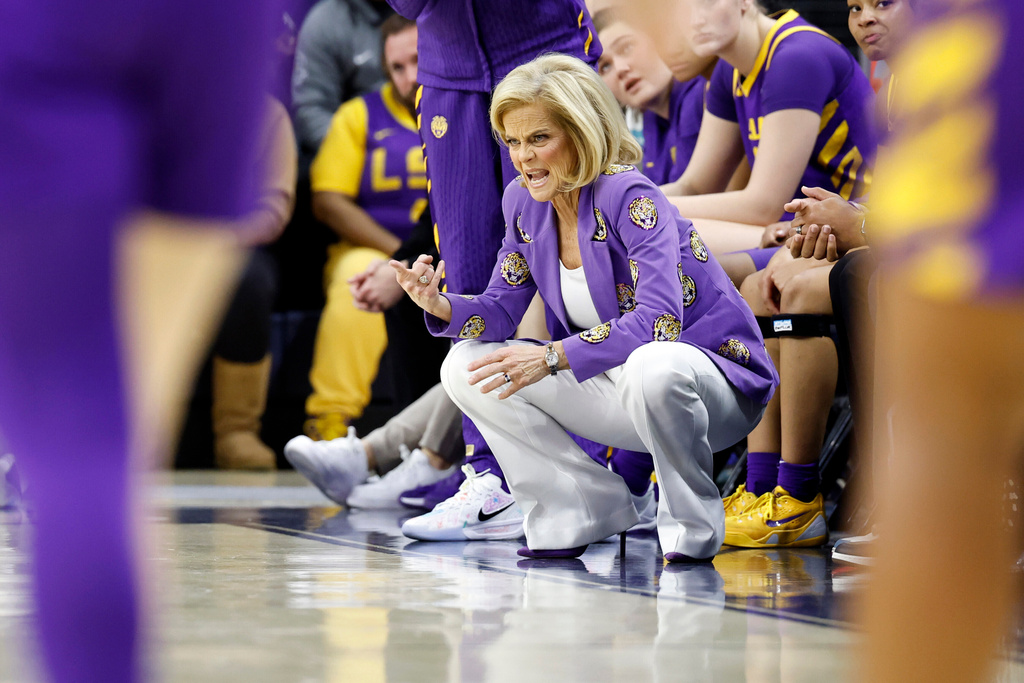 LSU head coach Kim Mulkey reacts during the first half of an NCAA college basketball game against Auburn Sunday, Feb. 8, 2026, in Auburn, Ala. (AP Photo/Butch Dill)