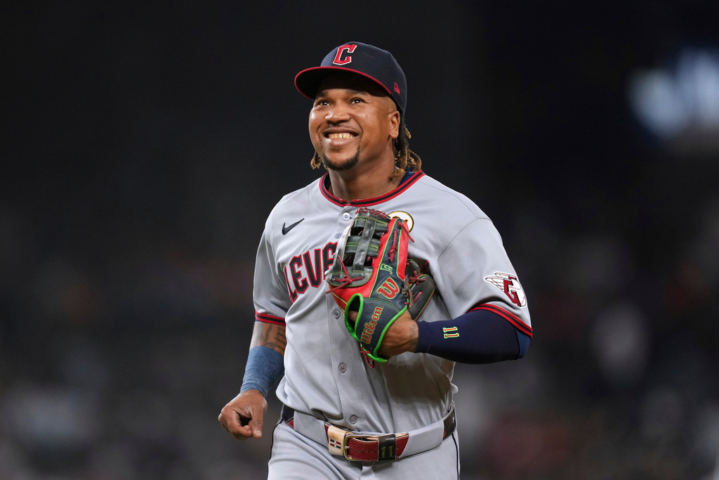 FILE - Cleveland Guardians third baseman JosÈ RamÌrez smiles against the Detroit Tigers during the fifth inning of a baseball game Tuesday, Sept. 16, 2025, in Detroit. (AP Photo/Paul Sancya, File)
