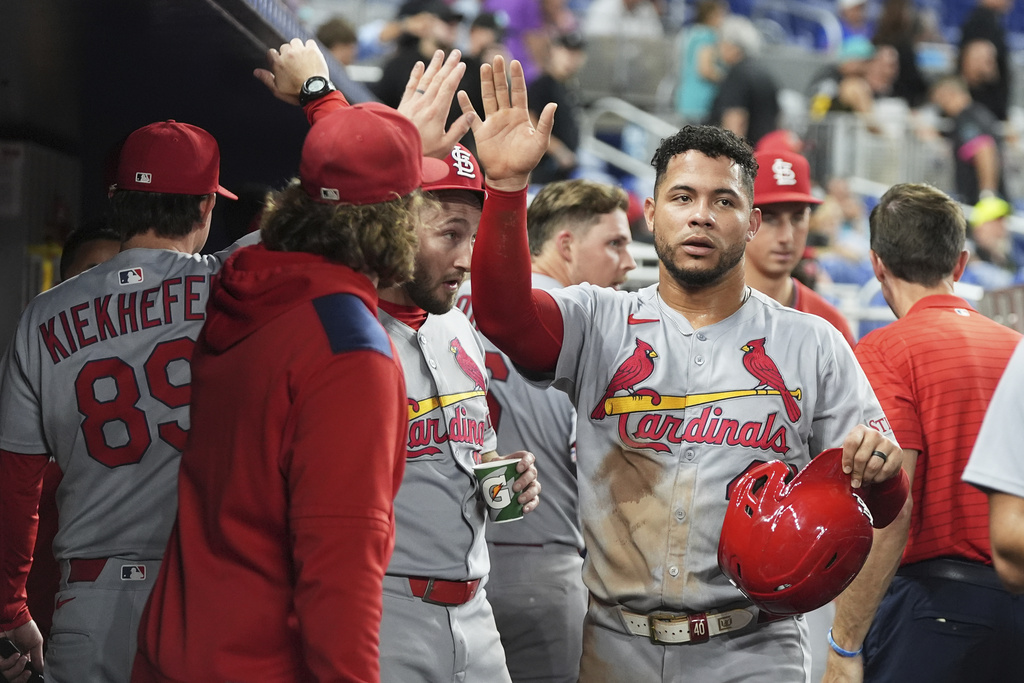 St. Louis Cardinals' Willson Contreras is congratulated in the dugout after scoring on a two run home run hit by Nolan Gorman during the ninth inning of a baseball game against the Miami Marlins, Monday, Aug. 18, 2025, in Miami. (AP Photo/Lynne Sladky)