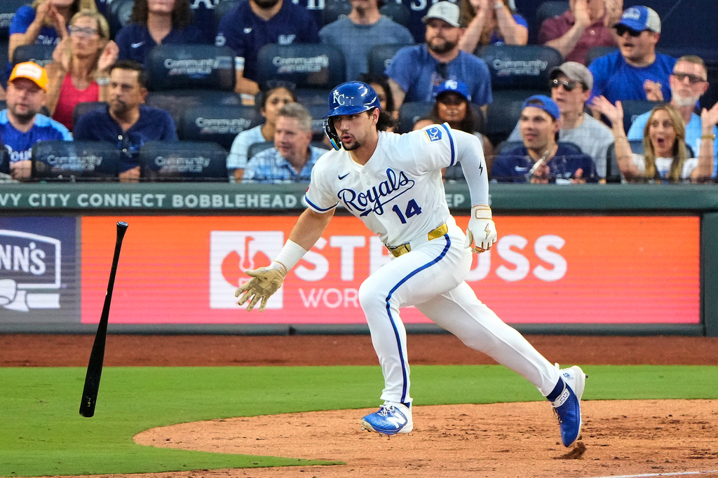 Kansas City Royals' Jac Caglianone runs to second after hitting an RBI double during the third inning of a baseball game against the Miami Marlins, Thursday, Sept. 3, 2026, in Kansas City, Mo. (AP Photo/Charlie Riedel)