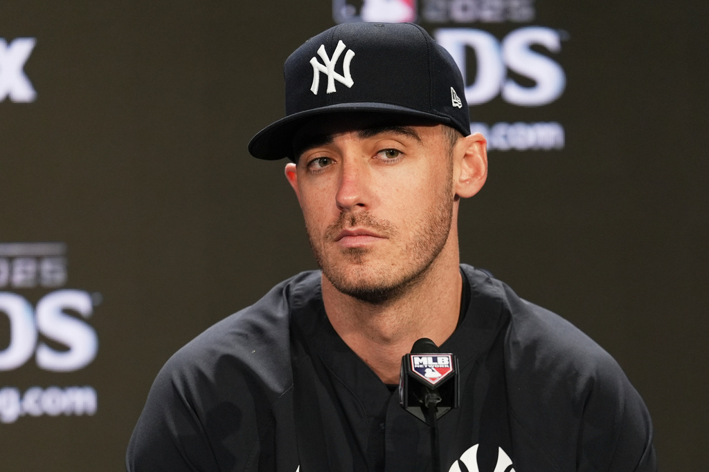New York Yankees Cody Bellinger talks to reporters at Yankee Stadium in New York, Monday, Oct. 6, 2025. (AP Photo/Seth Wenig)