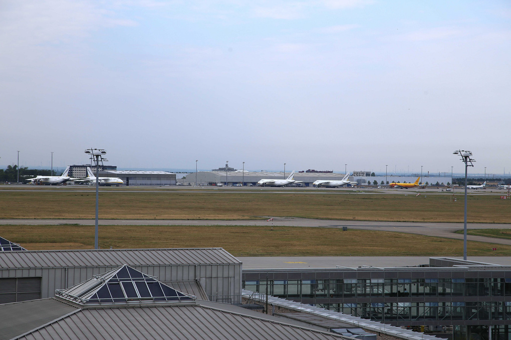 A view of Leipzig/Halle Airport where flight operations were suspended overnight after a sighting of a flying was reported and another object was found near a runway, in Schkeuditz, Germany, Wednesday, Aug. 5, 2026. (Tobias Junghanns/dpa via AP)