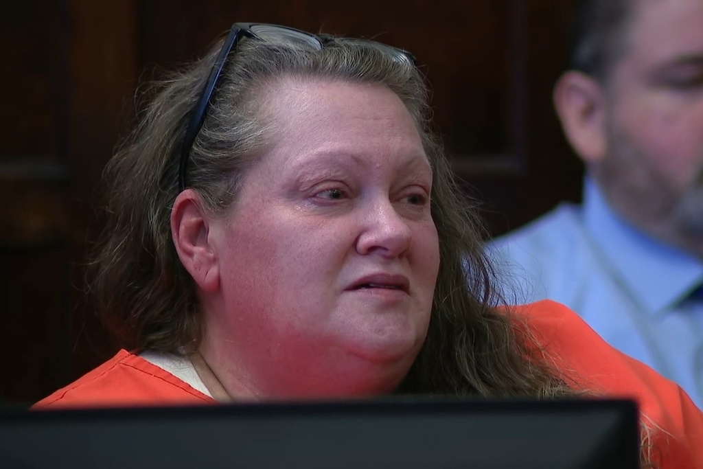 In this photo taken from video provided by WCHS-TV, Julie Miller is shown at her sentencing Wednesday, Feb. 25, 2026, in Madison, W.Va. (WCHS-TV via AP)