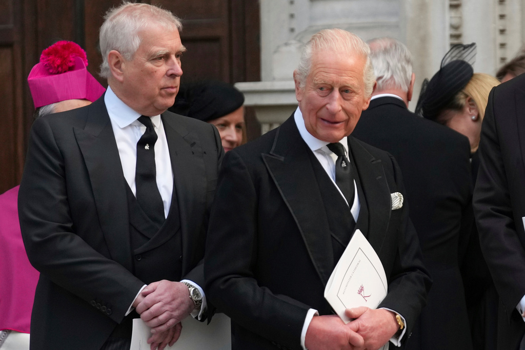 FILE - Britain's Prince Andrew, left, and Britain's King Charles III leave after the Requiem Mass service for the Duchess of Kent at Westminster Cathedral in London, Tuesday, Sept. 16, 2025. (AP Photo/Joanna Chan, File)