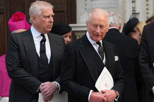 FILE - Britain's Prince Andrew, left, and Britain's King Charles III leave after the Requiem Mass service for the Duchess of Kent at Westminster Cathedral in London, Tuesday, Sept. 16, 2025. (AP Photo/Joanna Chan, File) FILE - Britain's Prince Andrew, left, and Britain's King Charles III leave after the Requiem Mass service for the Duchess of Kent at Westminster Cathedral in London, Tuesday, Sept. 16, 2025. (AP Photo/Joanna Chan, File)