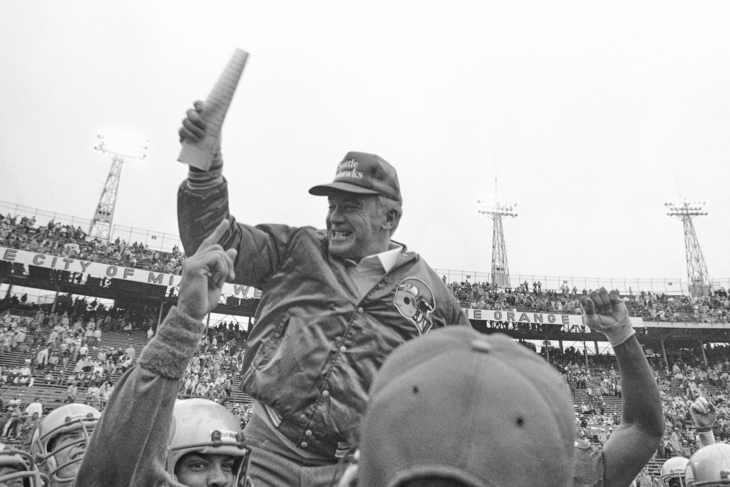 FILE- Seattle Seahawks coach Chuck Knox, is carried from the field after the Seahawks defeated the Miami Dolphins in the AFC divisional playoff NFL football game at Miami, Saturday, Dec. 31, 1983. (AP Photo/File)