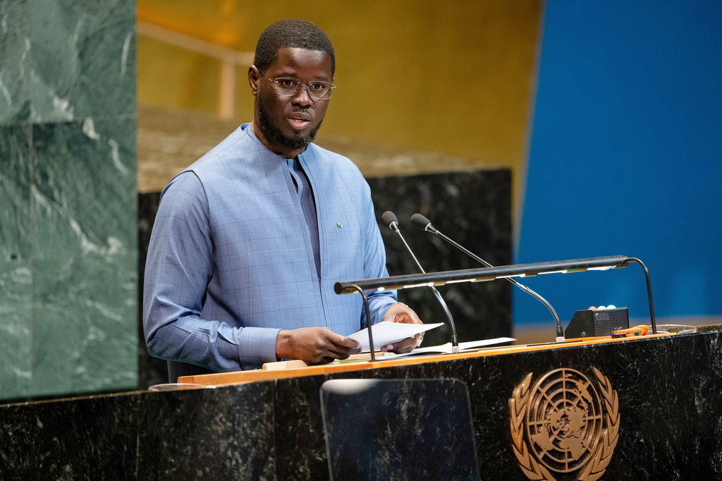 FILE - President Bassirou Diomaye Faye addresses the 80th session of the UN General Assembly at United Nations headquarters, Monday, Sept. 22, 2025. (AP Photo/Angelina Katsanis, File)