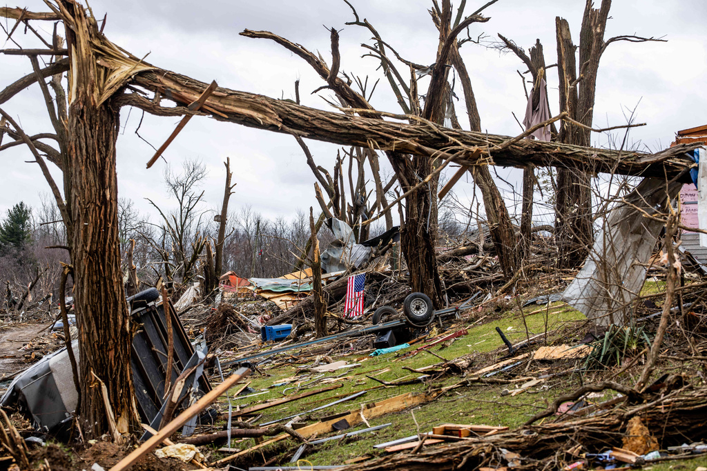 Damage is seen on the outskirts of Prairie Rose Lane after a tornado in Union City, Mich., on Saturday, March 7, 2026. (Devin Anderson-Torrez/MLive via AP)