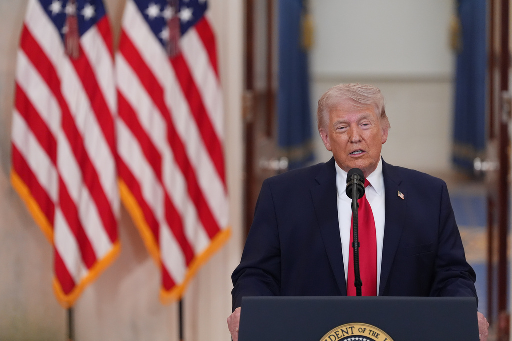 President Donald Trump speaks about the Iran war from the Cross Hall of the White House on Wednesday, April 1, 2026, in Washington. (AP Photo/Alex Brandon, Pool)