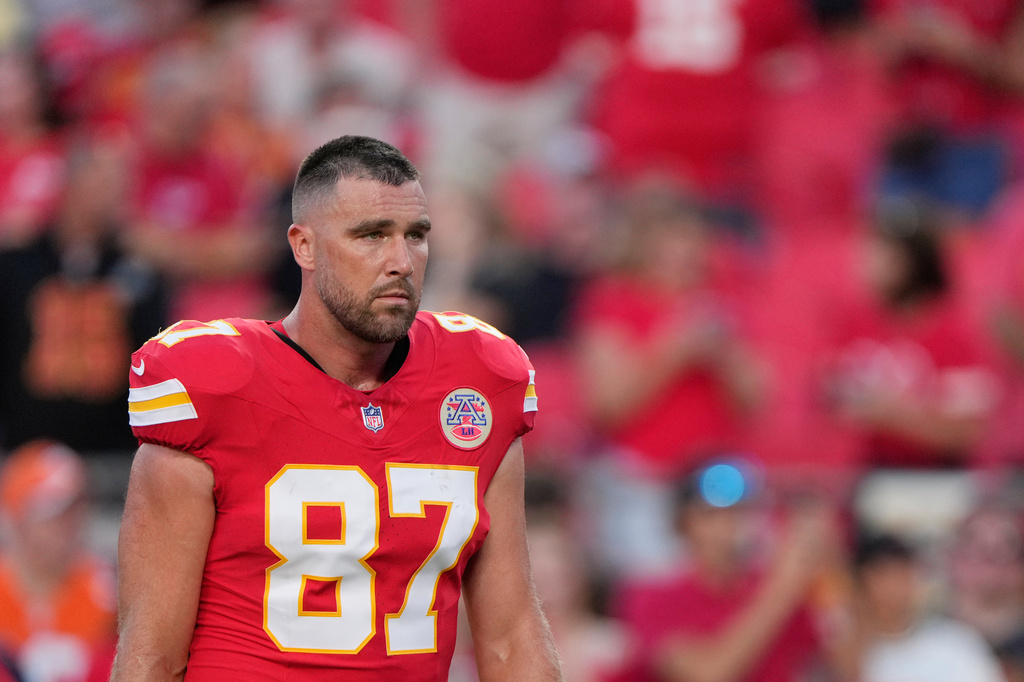 Kansas City Chiefs tight end Travis Kelce looks on prior to an NFL football game against the Denver Broncos, Monday, Sept. 14, 2026, in Kansas City, Mo. (AP Photo/Charlie Riedel)