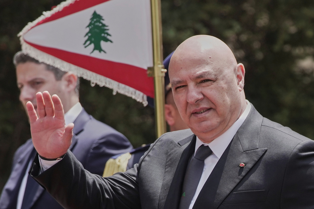 FILE - Lebanese President Joseph Aoun gestures to journalists at the Presidential Palace, in Baabda, east of Beirut, Lebanon, Wednesday, May 21, 2025. (AP Photo/Hassan Ammar, File)
