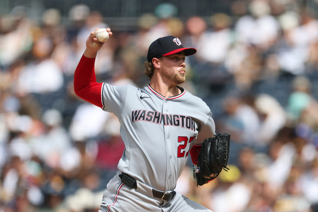 Washington Nationals starting pitcher Jake Irvin works against a San Diego Padres batter in the first inning of a baseball game Monday, Sept. 7, 2026, in San Diego. (AP Photo/Karl Anderson)