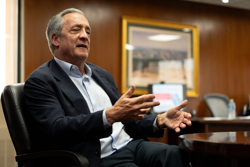 Postmaster General David Steiner speaks during an interview with The Associated Press at the United States Postal Service headquarters, Thursday, Sept. 17, 2026, in Washington. (AP Photo/Mark Schiefelbein)