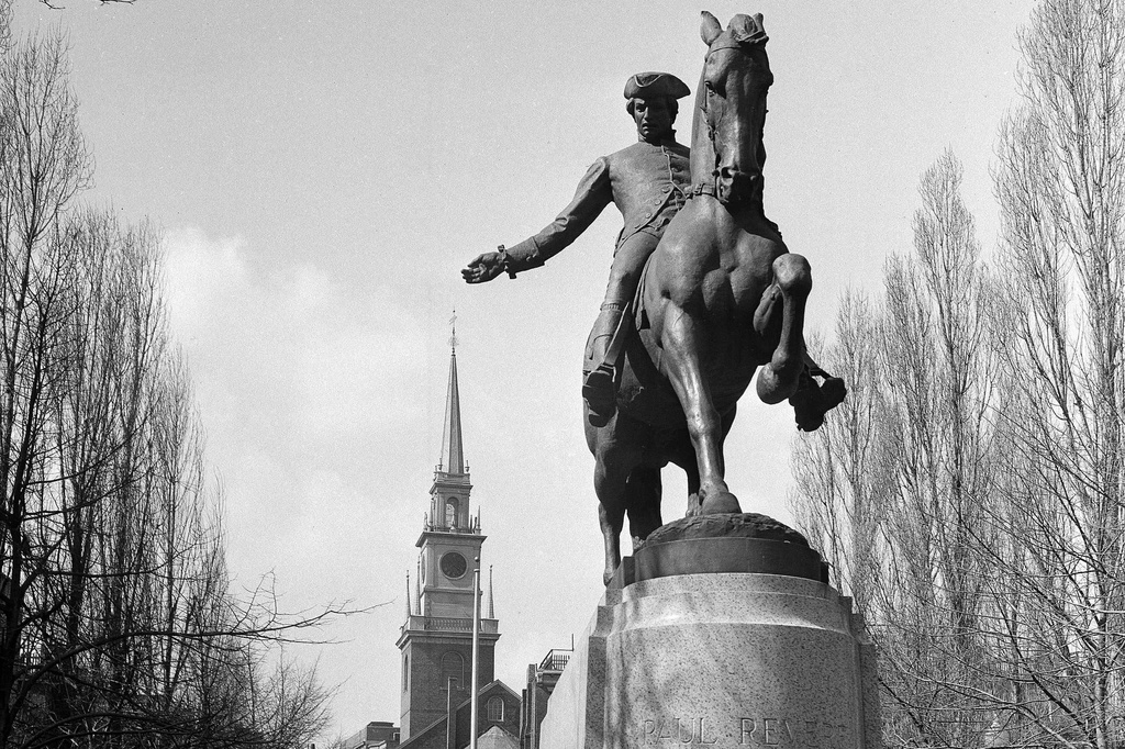 FILE - The statue of Paul Revere in front of Christ Church in Boston on March 23, 1948. (AP Photo/Abe Fox, File)