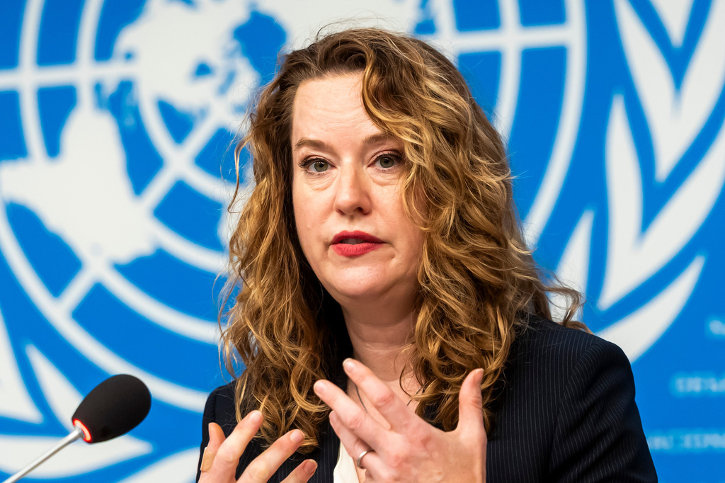 U.S. Amy Pope, Director General of the International Organization for Migration (IOM), briefs the media on Protecting Victims of Trafficking in Online Scam Operations, during a press briefing, at the European headquarters of the United Nations in Geneva, Switzerland, Tuesday, July 28, 2026. (Salvatore Di Nolfi/Keystone via AP)