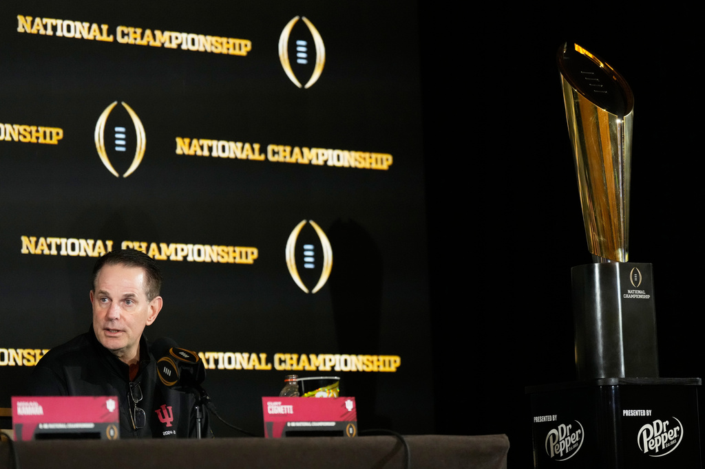 FILE - Indiana head coach Curt Cignetti speaks during the champions news conference after theiir win against Miami in the College Football Playoff national championship game, Tuesday, Jan. 20, 2026, in Miami. (AP Photo/Chris Carlson,File)