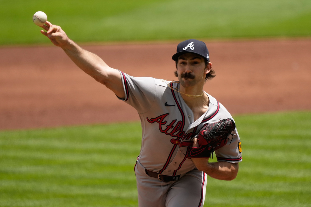 Atlanta Braves pitcher Spencer Strider throws during the first inning of a baseball game against the Cincinnati Reds in Cincinnati, Sunday, May 31, 2026. (AP Photo/Carolyn Kaster)