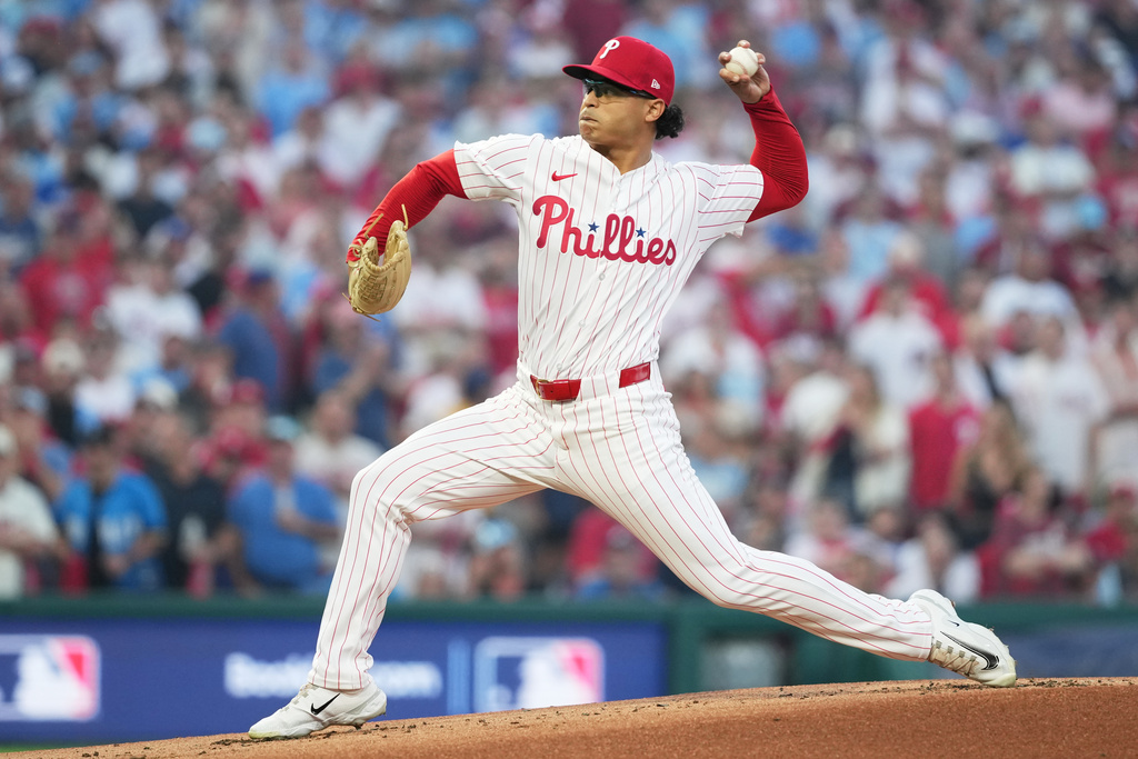 Philadelphia Phillies starting pitcher Jesús Luzardo throws during the first inning in Game 2 of baseball's National League Division Series against the Los Angeles Dodgers, Monday, Oct. 6, 2025, in Philadelphia. (AP Photo/Matt Slocum)