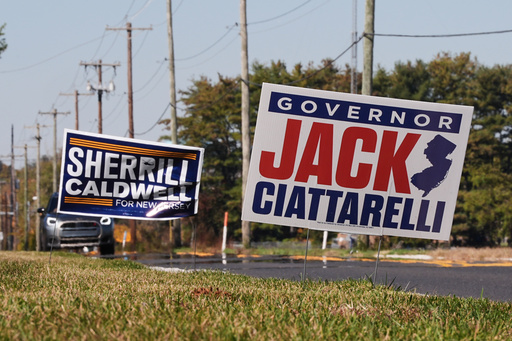 Campaign signs supporting New Jersey gubernatorial candidates Democratic Mikie Sherrill and Republican Jack Ciattarelli, are posted along a roadside in Mount Laurel, N.J., Monday, Oct. 27, 2025. (AP Photo/Matt Rourke) Campaign signs supporting New Jersey gubernatorial candidates Democratic Mikie Sherrill and Republican Jack Ciattarelli, are posted along a roadside in Mount Laurel, N.J., Monday, Oct. 27, 2025. (AP Photo/Matt Rourke)