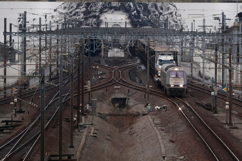 FILE - A train coming from London leaves the Northbound Channel tunnel in Calais, northern France, on Jan. 31, 2020. (AP Photo/Thibault Camus, File)