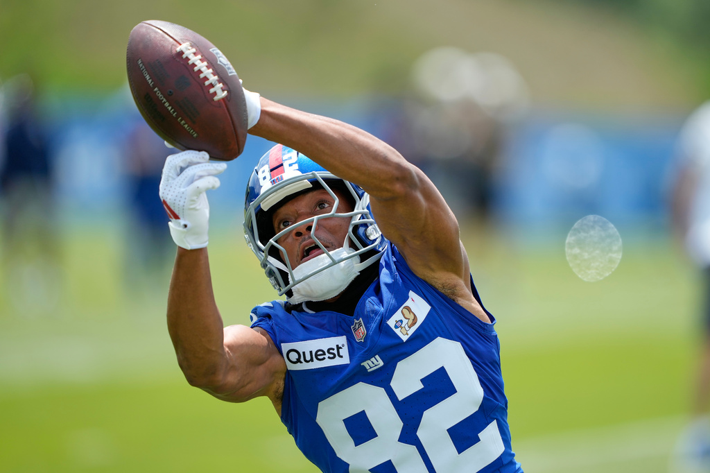 New York Giants' Calvin Austin III practices during an NFL football training camp, Wednesday, July 29, 2026, in White Sulphur Springs, W.Va. (AP Photo/Chris Carlson)