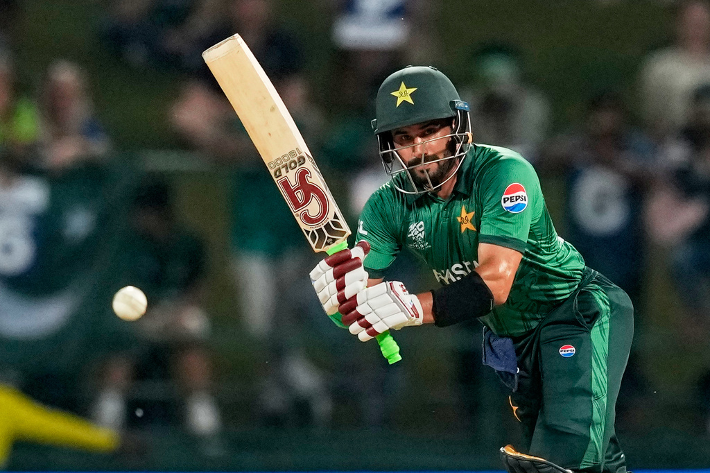Pakistan's Sahibzada Farhan plays a shot during the T20 World Cup cricket match between England and Pakistan in Pallekele, Sri Lanka, Tuesday, Feb. 24, 2026. (AP Photo/Eranga Jayawardena)