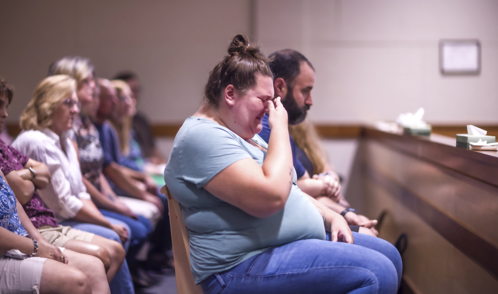 Savana Hammond, reacts as Eric Sweeney, accused of killing his sister-in-law and two young nephews when he was 16 pleaded guilty to second-degree murder charges on Friday, Aug. 15, 2025 at Merrimack County Superior Court in Concord, N.H. (Geoff Forester/ Concord Monitor via AP, Pool)