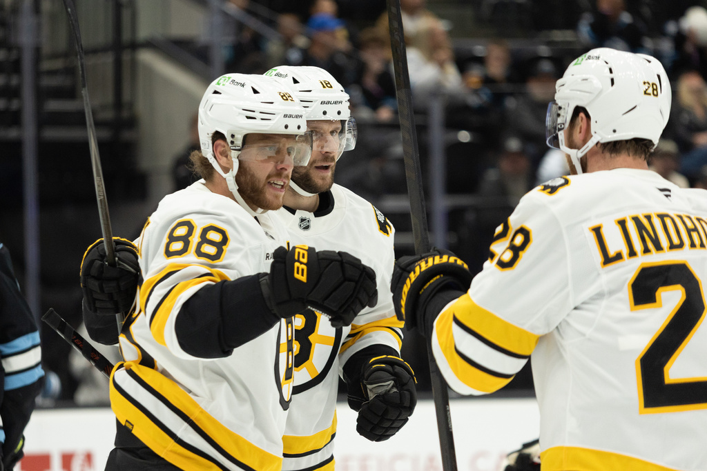 Boston Bruins right wing David Pastrnak (88), center Pavel Zacha (18) and center Elias Lindholm (28) celebrate after a goal against the Utah Mammoth during the first period of an NHL hockey game Sunday, Oct. 19, 2025, in Salt Lake City. (AP Photo/Melissa Majchrzak)