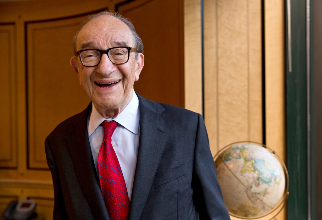 FILE - Economist Alan Greenspan, chairman of the Federal Reserve from 1987 to 2006, is seen in his office in Washington, Friday, Oct. 18, 2013. (AP Photo/J. Scott Applewhite, file)
