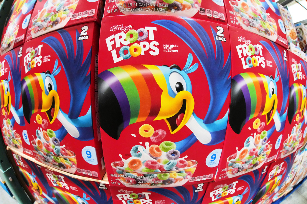 FILE - Kellogg's Froot Loops are displayed in a Costco in Pittsburgh, July 14, 2025. (AP Photo/Gene J. Puskar, File)