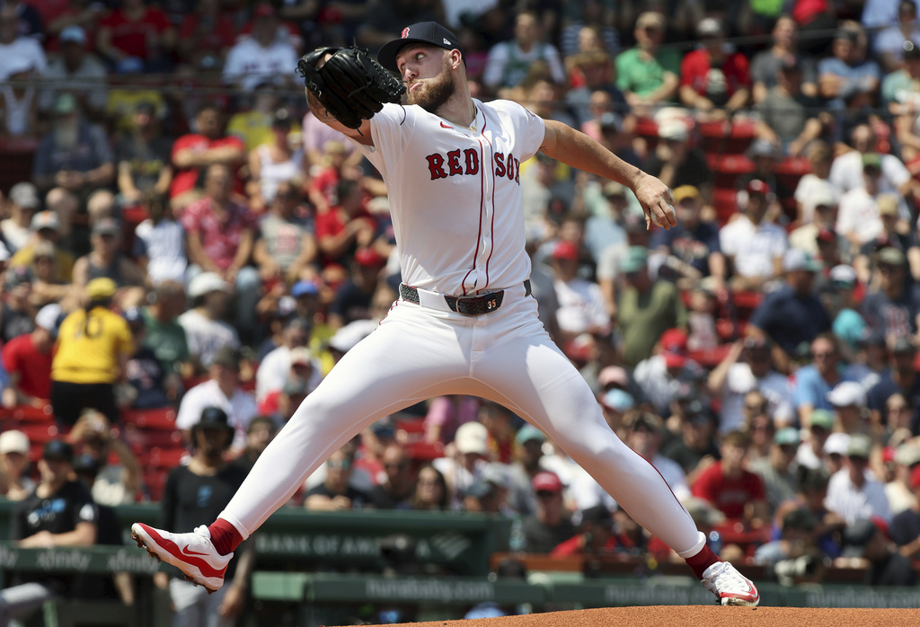 Boston Red Sox pitcher Garrett Crochet in action during a baseball game against the Miami Marlins, Sunday, Aug. 17, 2025, in Boston. (AP Photo/Jim Davis)