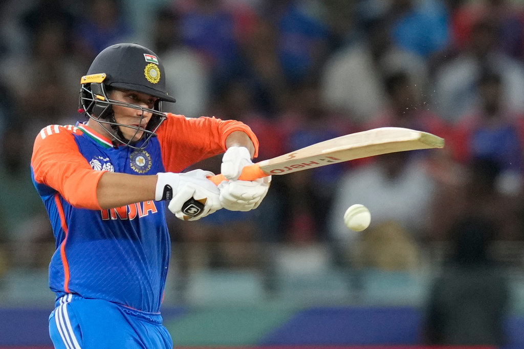 India's Abhishek Sharma bats during the Asia Cup cricket match between India and Sri Lanka at Dubai International Cricket Stadium, United Arab Emirates, Friday, Sept. 26, 2025. (AP Photo/Altaf Qadri)