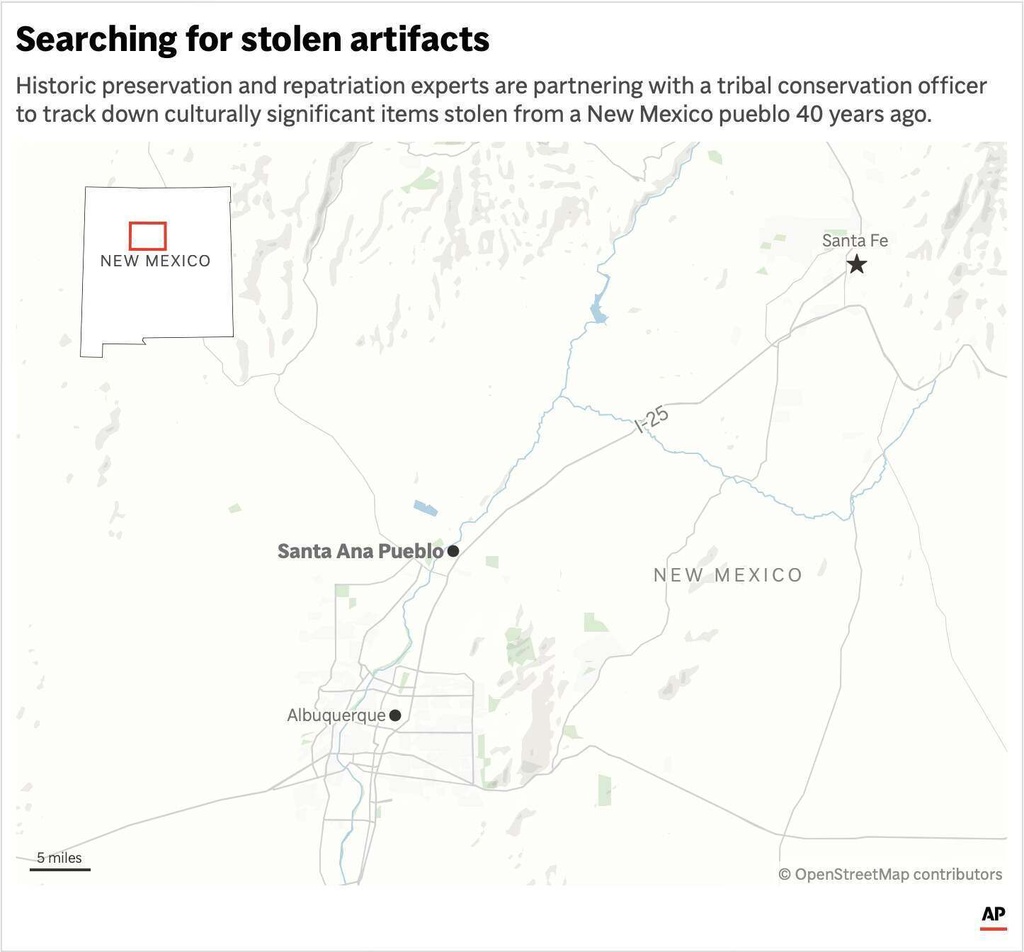 The map above locates Santa Ana Pueblo, an area where 40 years ago Native American artifacts were stolen that experts are tracking down, and surrounding cities. (AP Digital Embed)