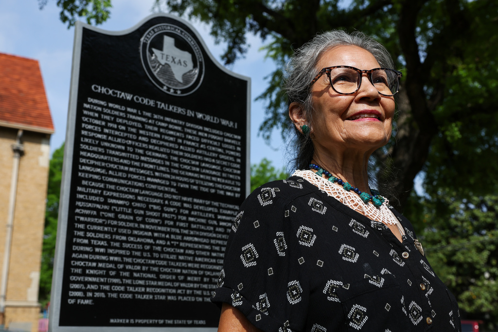 Nuchi Nashoba is the president of the Choctaw Code Talkers Association and great granddaughter of Choctaw Code Talker Ben Carterby. Nashoba said it was a full-circle moment to see the code talkers honored for their time at Camp Bowie in Fort Worth. (Christine Vo/Fort Worth Report via AP)