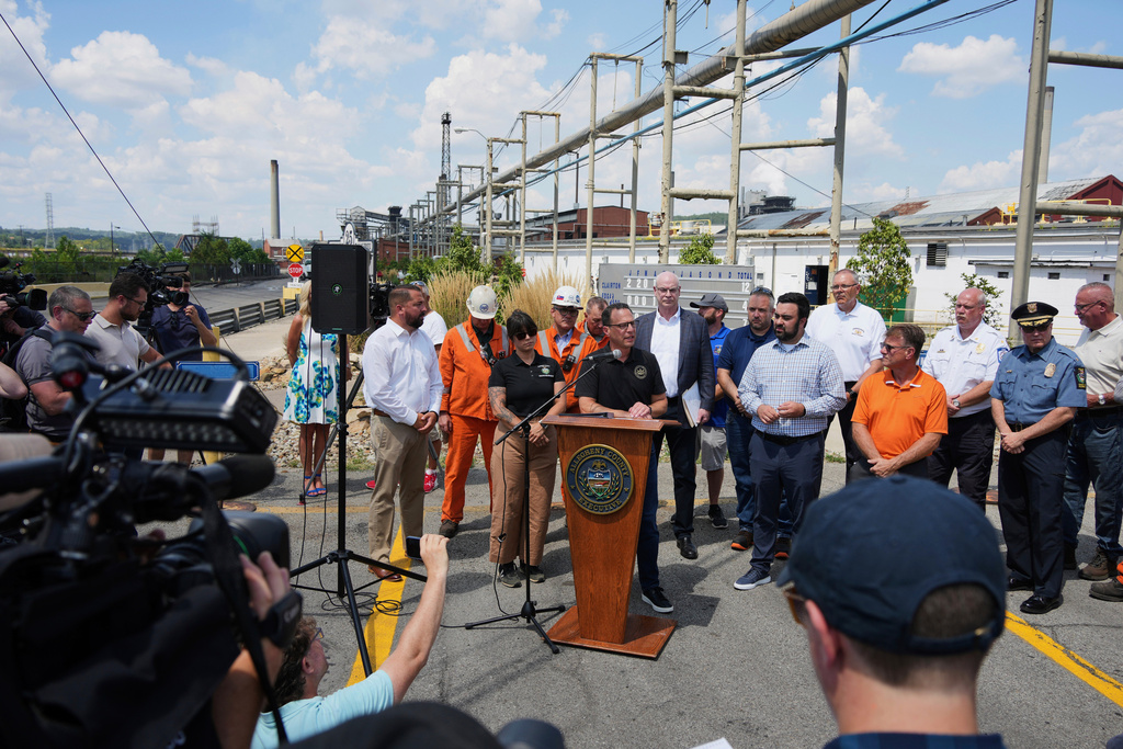 Pennsylvania Governor Josh Shapiro talks with media at the Clairton Coke Works, a U.S. Steel plant, in Clairton, Pa., Tuesday, Aug. 12, 2025. (AP Photo/Gene J. Puskar)