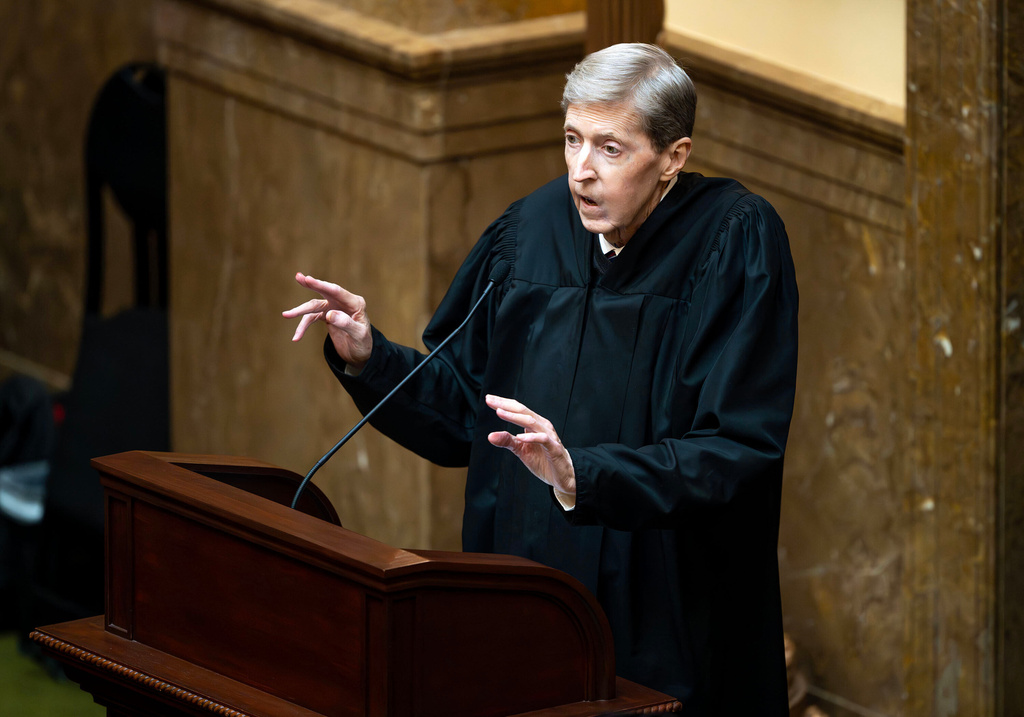 Chief Justice Matthew Durrant stands in the House of Representatives as he delivers the State of the Judiciary address on the first day of the 2026 legislative session in Salt Lake City, on Tuesday, Jan. 20, 2026. (The Deseret News via AP)